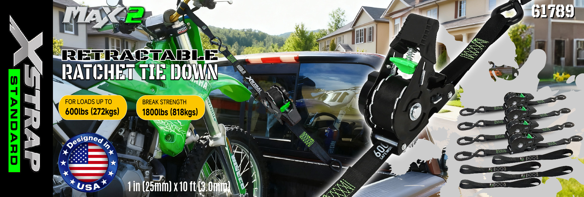 تسمه‌های ضامن دار جمع شونده Xstrap 61789 1 اینچ 10 فوت ایمن برای کایاک جت اسکی موتور سیکلت قدرت شکست 1500LBS/680KG