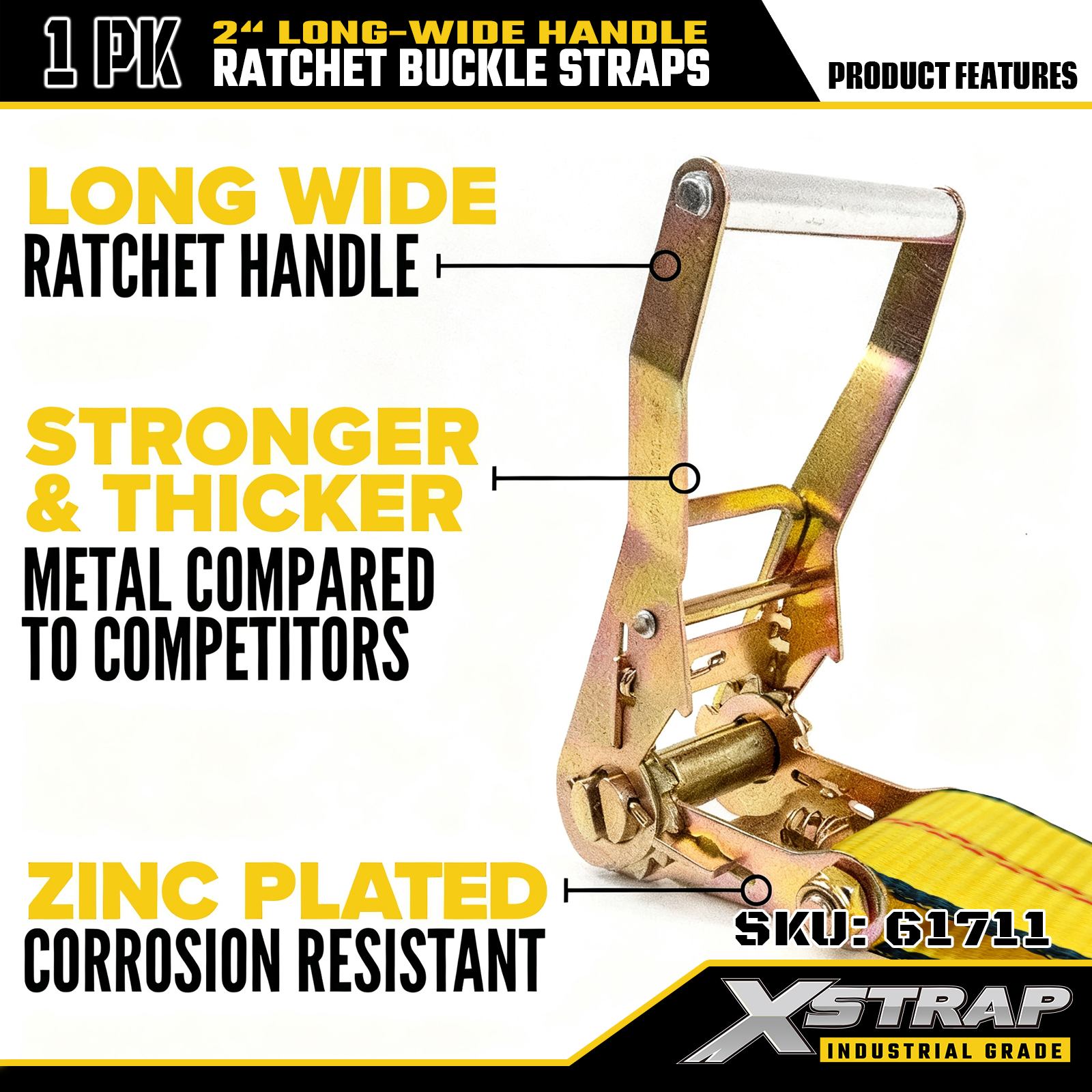 Xstrap 61711 2 اینچی 30 فوت دسته عریض تسمه سگک دار با قلاب سیمی قدرت شکستن 10000 پوند (1 بسته)