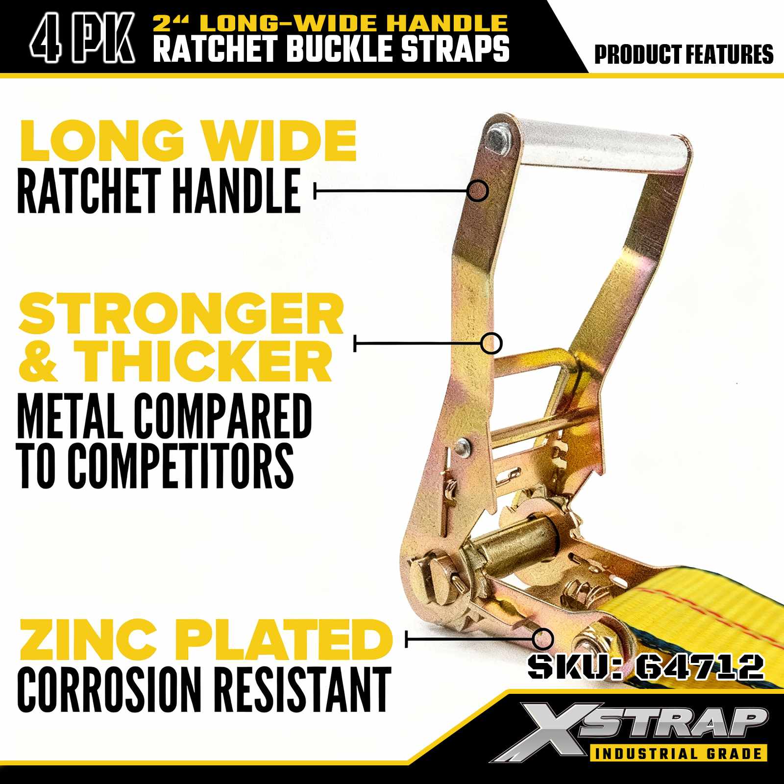 Xstrap 64712 2 اینچی 27 فوت دسته عریض تسمه تسمه دار با قلاب خرچنگ قدرت شکستن 10000 پوند (4 بسته)