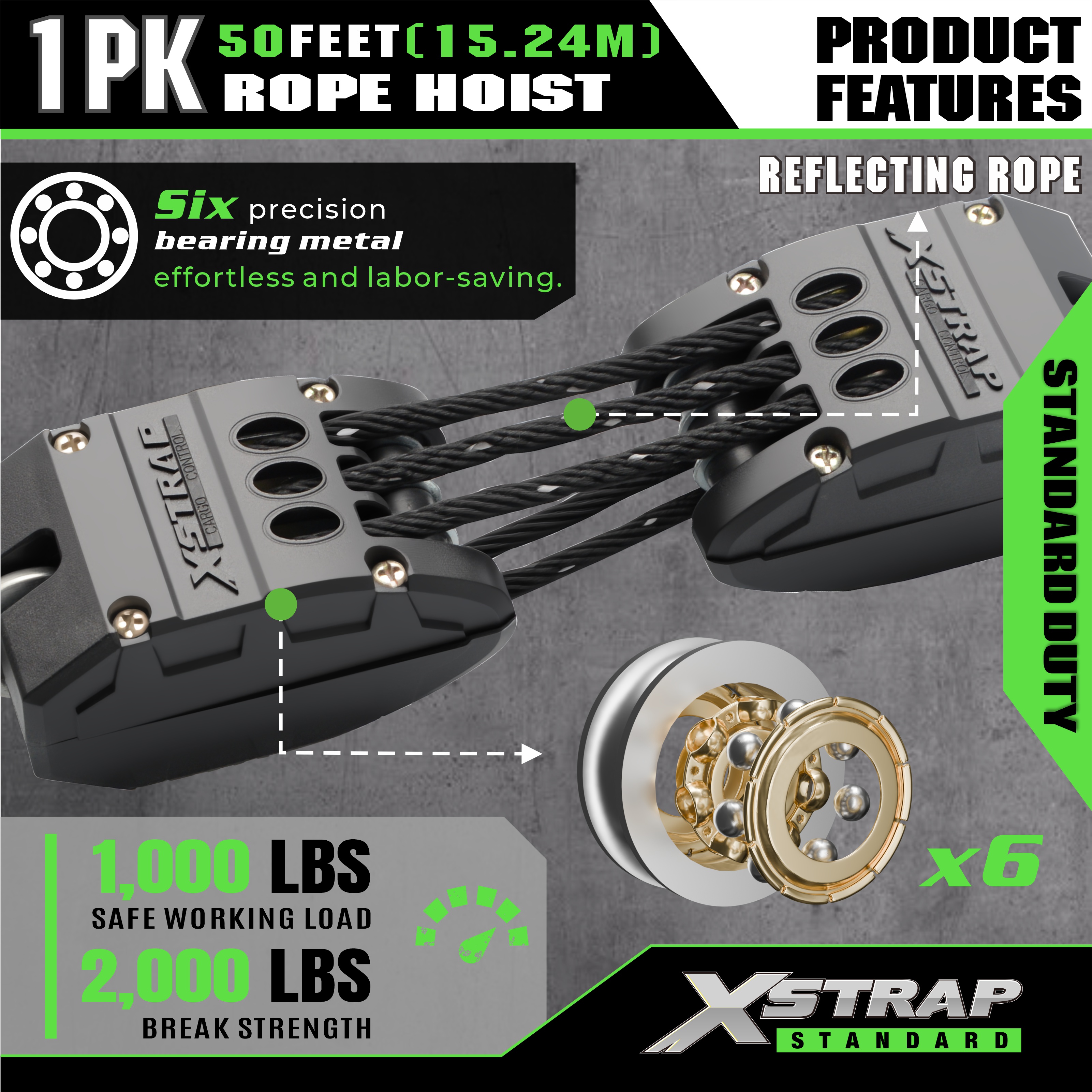 سیستم قرقره بالابر طناب سیاه بازتابنده XSTRAP AHLT0003 1000LB