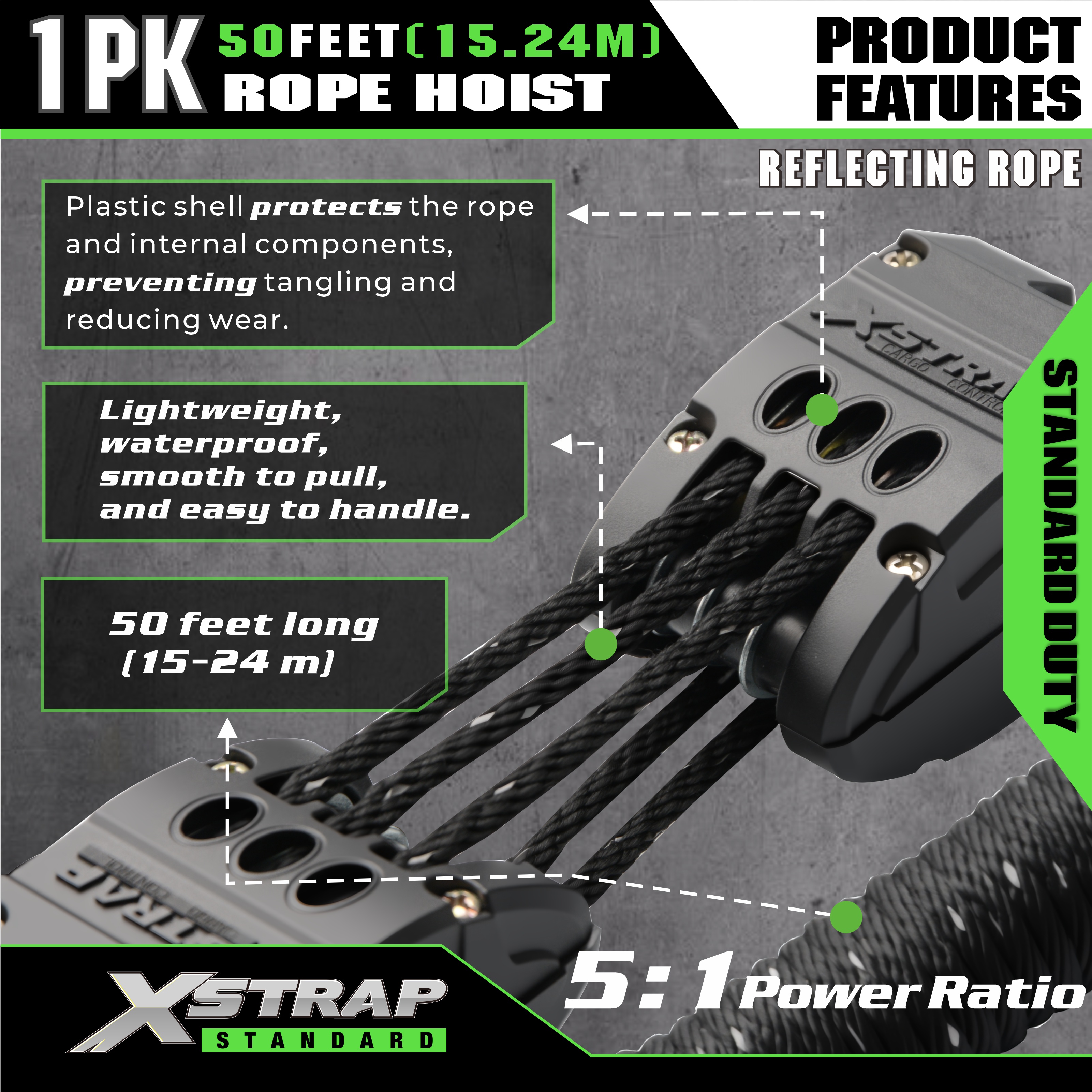 سیستم قرقره بالابر طناب سیاه بازتابنده XSTRAP AHLT0003 1000LB