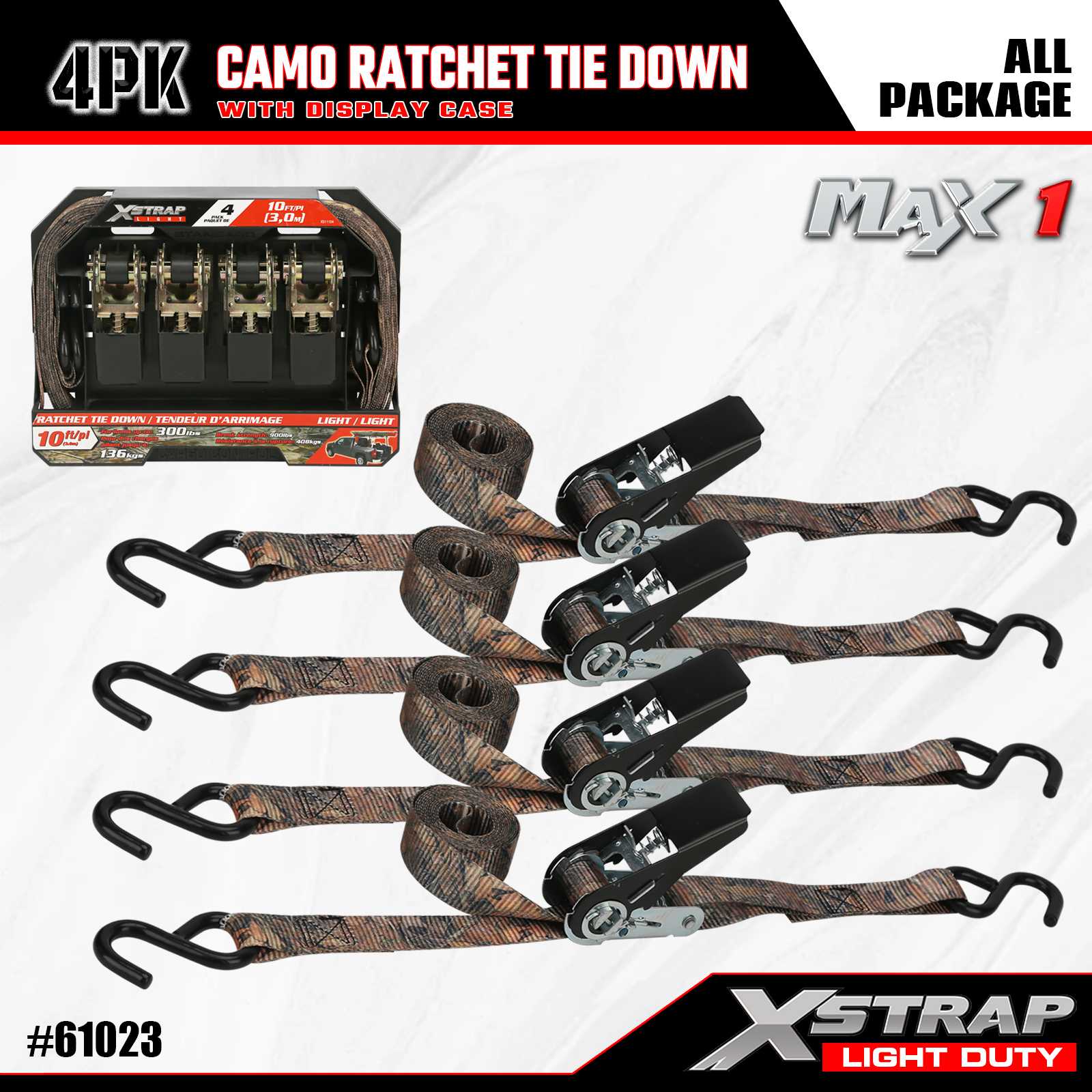 Xstrap 61023 1 اینچ x 10 اینچ 4PK CAMO Ratchet Tie تسمه های 300 پوندی SWL
