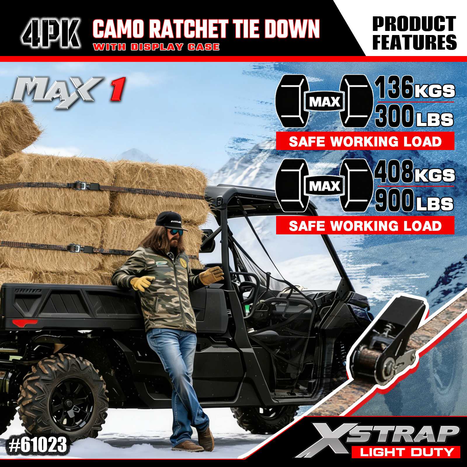 Xstrap 61023 1 اینچ x 10 اینچ 4PK CAMO Ratchet Tie تسمه های 300 پوندی SWL