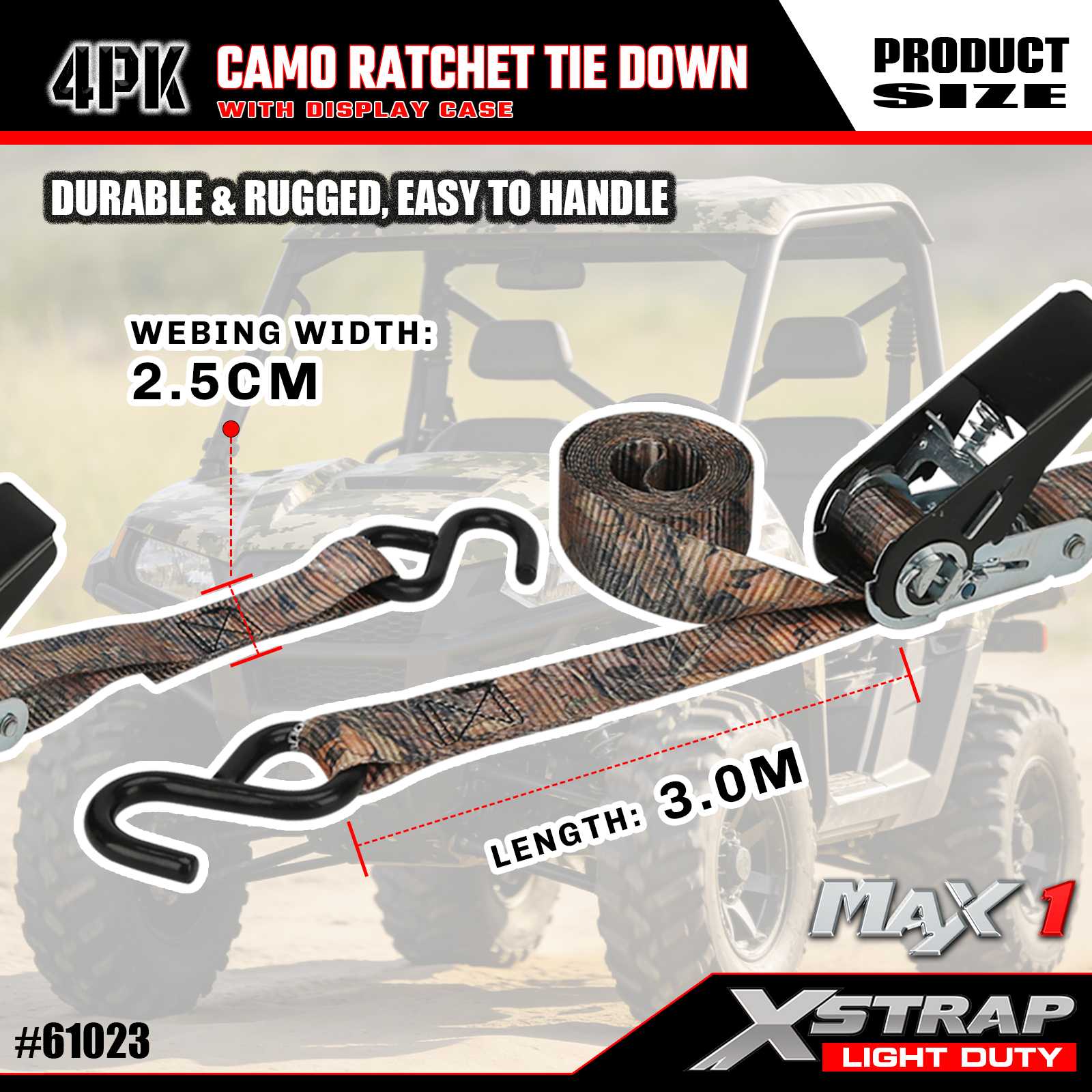 Xstrap 61023 1 اینچ x 10 اینچ 4PK CAMO Ratchet Tie تسمه های 300 پوندی SWL