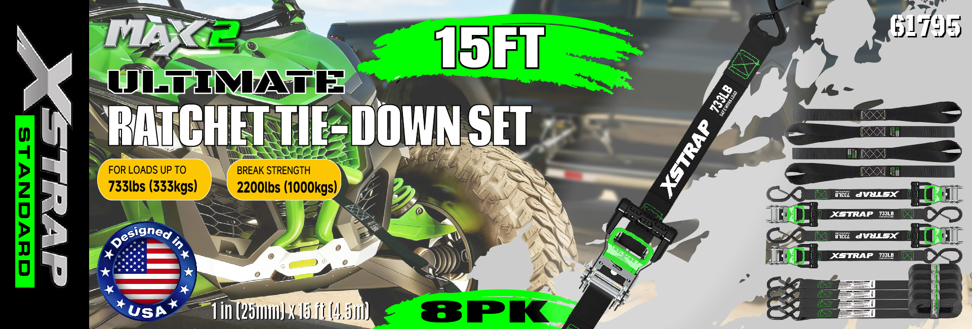 تسمه های بندکشی موتور سیکلت Xstrap 61795 1 اینچ x 15 فوت 733 پوند SWL