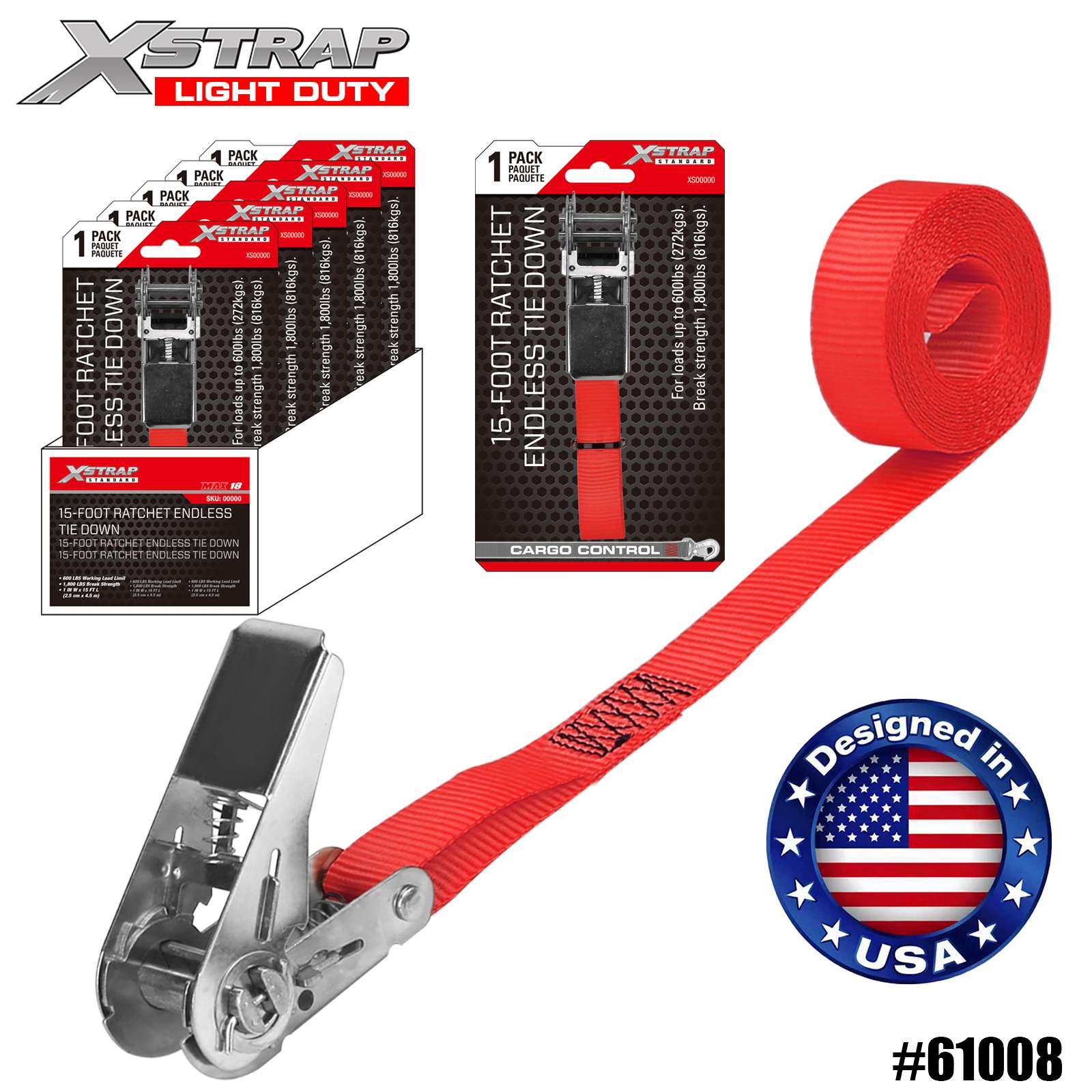 Xstrap 61008 1 اینچ x 15 اینچ بند بند بی‌انتها ضامن دار 1PK 600 پوندی SWL