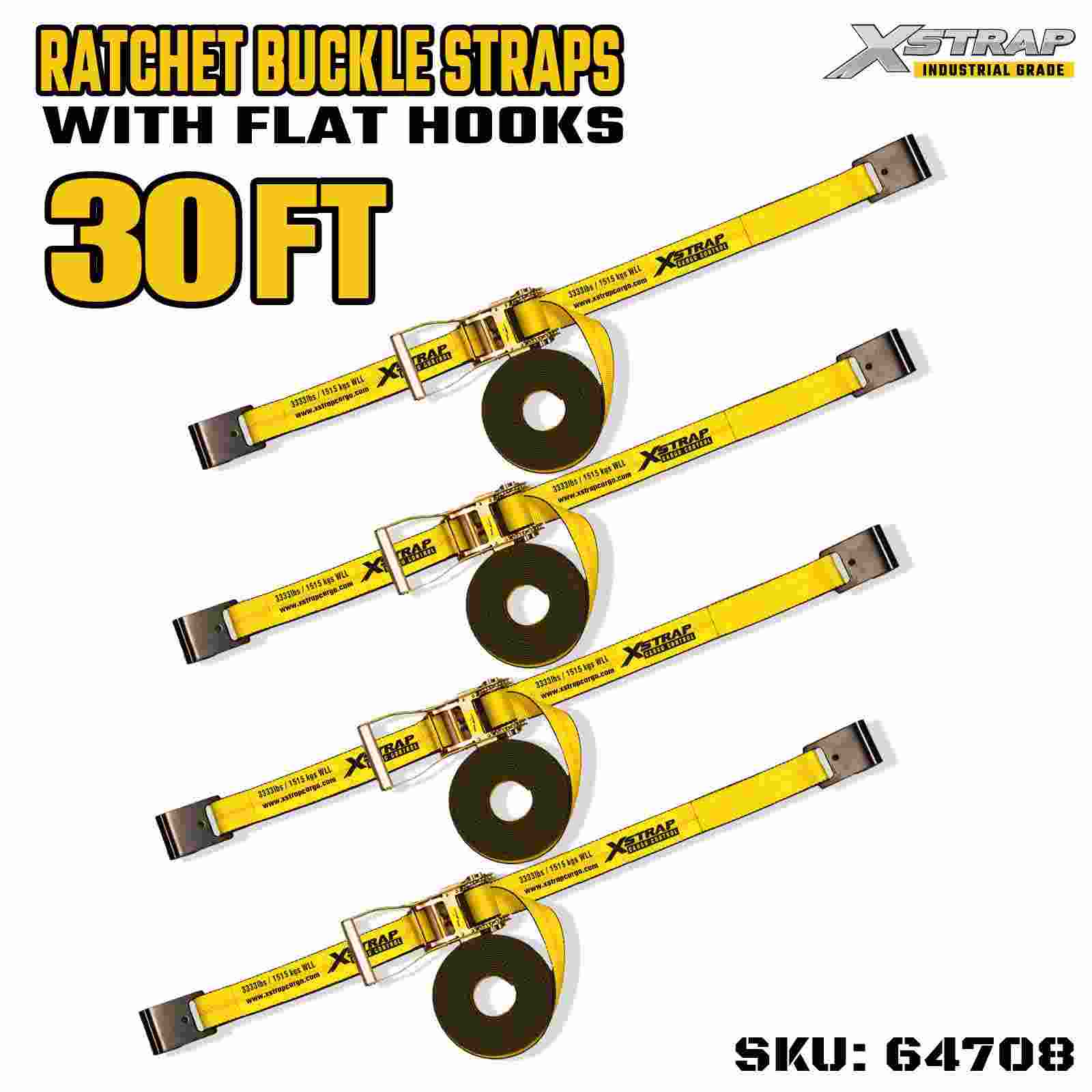 Xstrap 64708 2 اینچی 30 فوت دسته عریض سگک تسمه دار با قلاب های مسطح قدرت شکست 10000 پوندی (4 بسته)