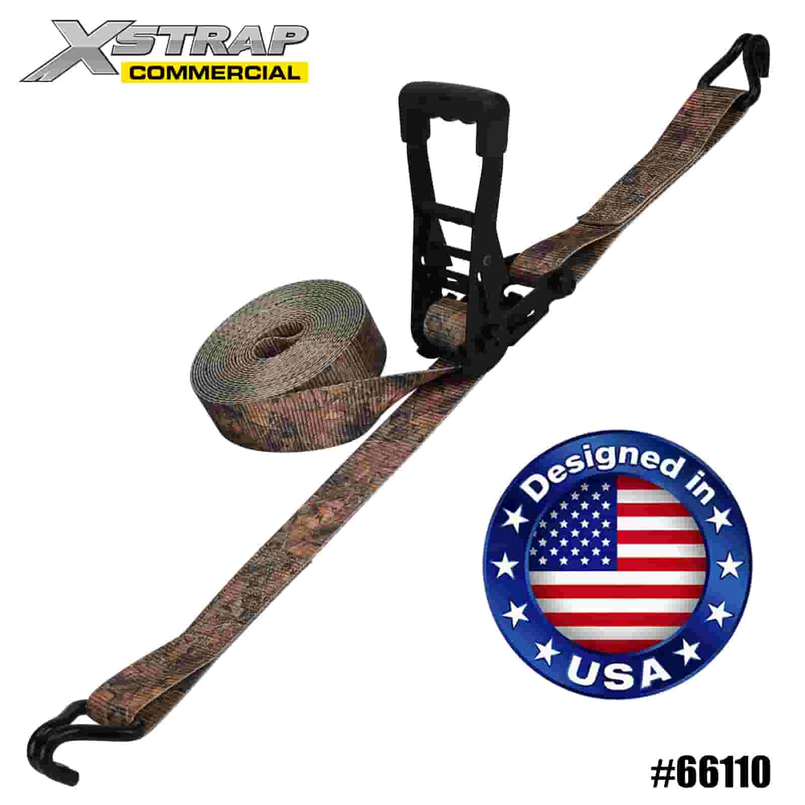 Xstrap 66110 2 اینچی x 27 اینچی CAMO Ratchet Down with Double J Hooks 3333 lb SWL