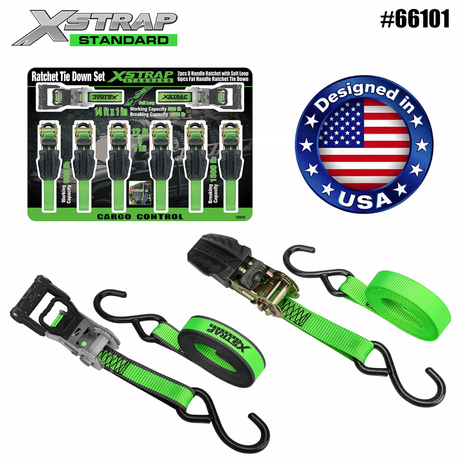 Xstrap 66101 1 اینچ 14 اینچ 2PK D دسته جغجغه با حلقه نرم 500 پوند SWL و 1 اینچ 12 اینچ دسته تخت 6PK ضامن دار 500 پوندی SWL