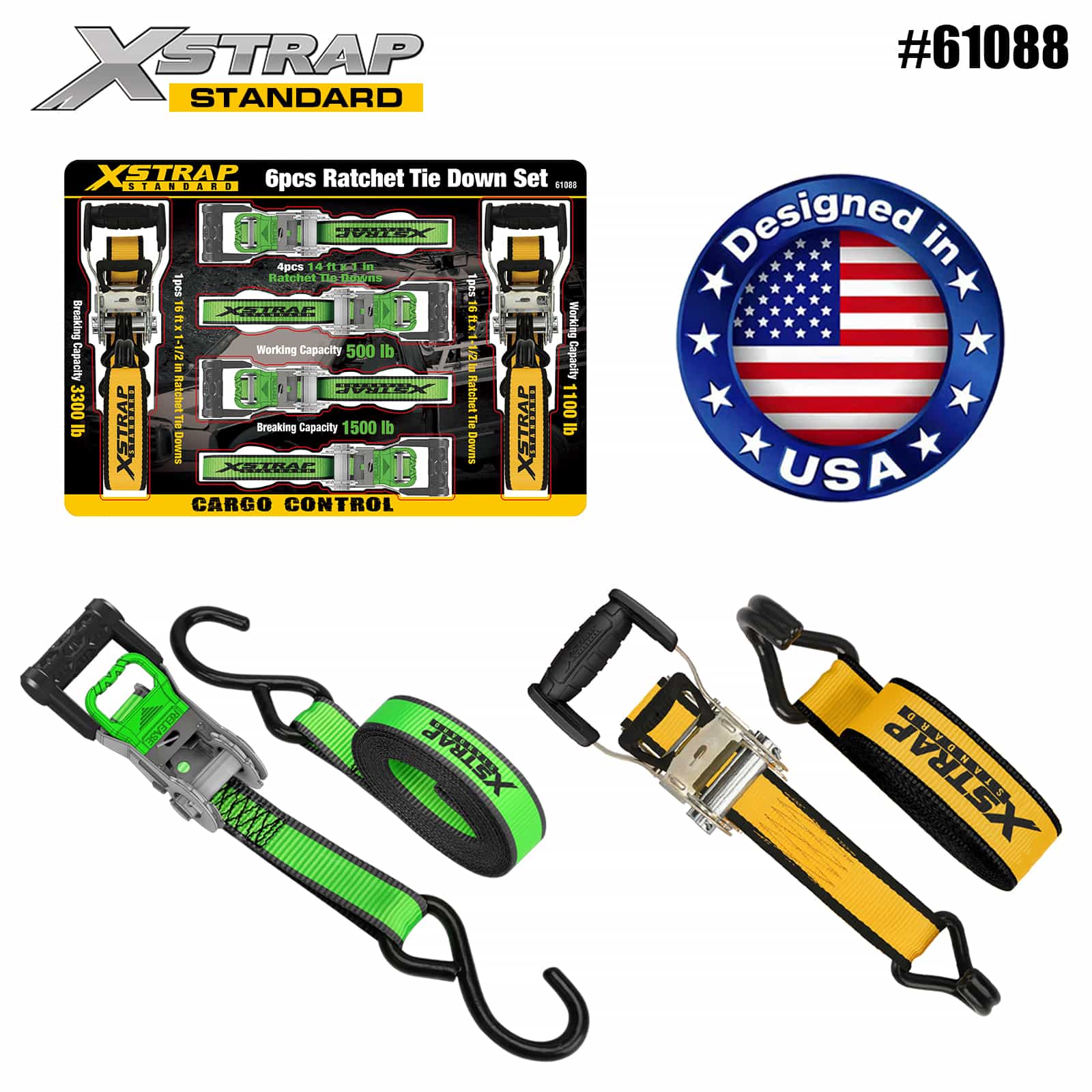 Xstrap 61088 1 اینچ 14 اینچ 4PK D Handle Ratchet with Soft Loop 500 lb SWL and 2PK Extra-Wide Handle Ratchet Down 1100 lb SWL