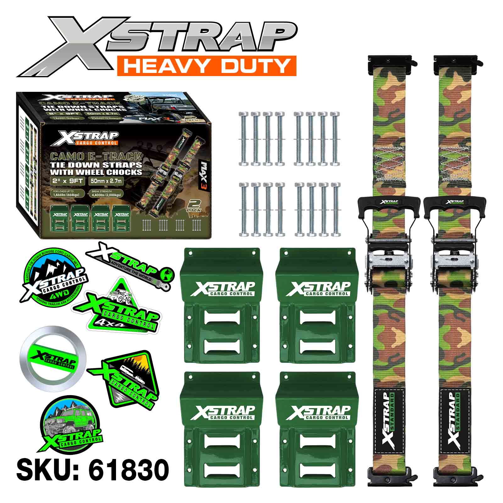 Xstrap 61830 2 اینچ x 9 اینچ 2PK CAMO چرخ بند بند بند بند 1466 پوندی SWL